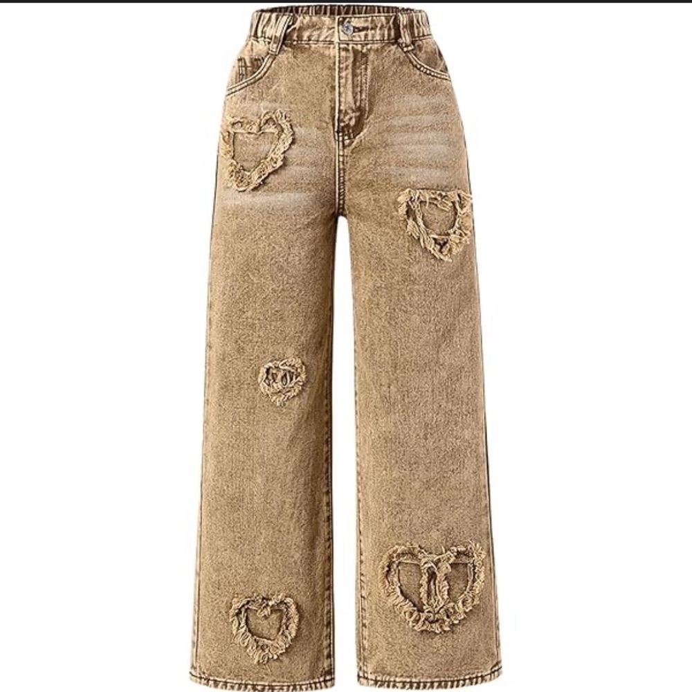 SHEIN Kids Brown Jeans with Heart Details Scandi Girl